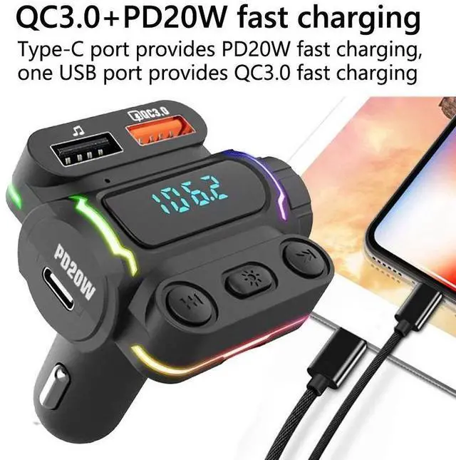 Alt view image 2 of 6 - Car Bluetooth Hands-Free FM Transmitter, Car MP3 Music Player, QC3.0 Fast Charger, PD20W Dual Output