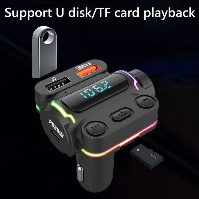 Alt view image 3 of 6 - Car Bluetooth Hands-Free FM Transmitter, Car MP3 Music Player, QC3.0 Fast Charger, PD20W Dual Output