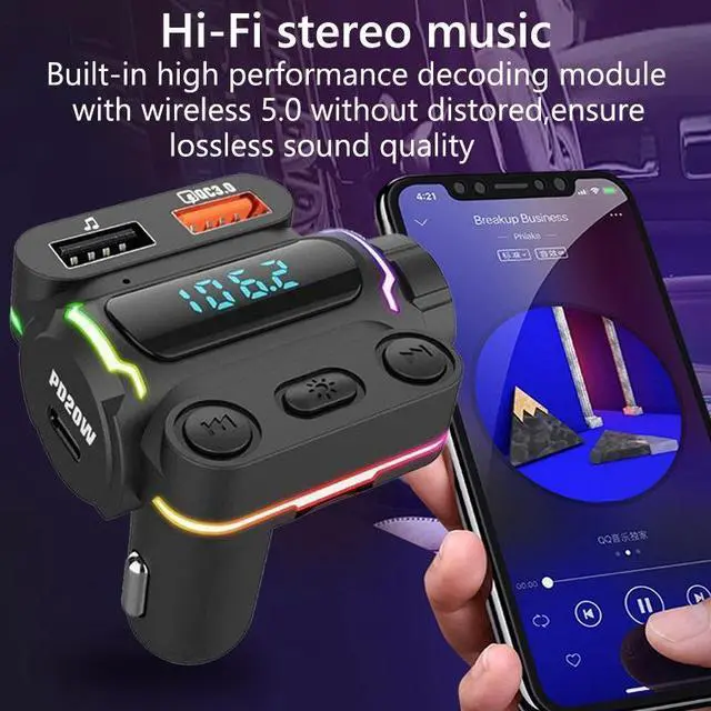 Alt view image 4 of 6 - Car Bluetooth Hands-Free FM Transmitter, Car MP3 Music Player, QC3.0 Fast Charger, PD20W Dual Output
