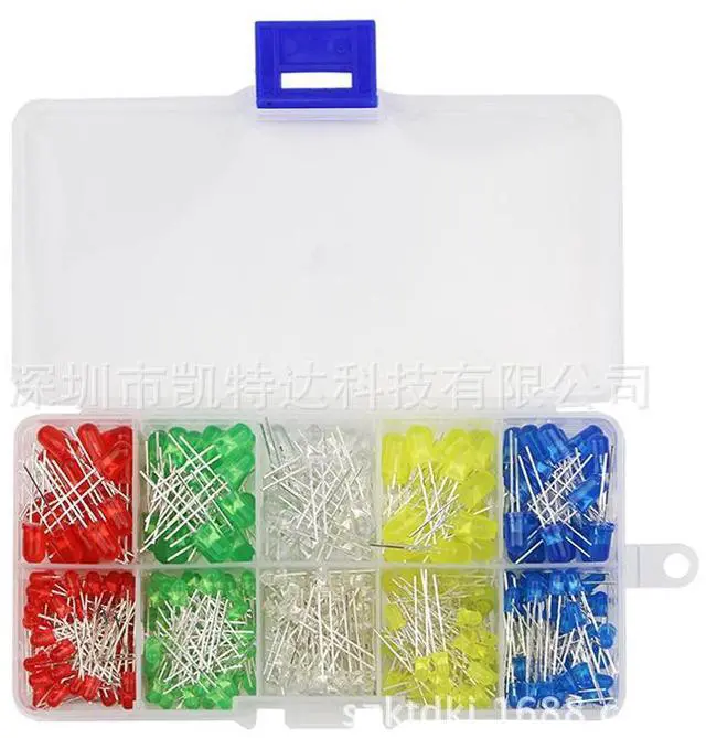 Main image of 5mm/3mm light-emiting diode lamp (LED lamp) component package with red,green, yellow, white and bluelight emitting colors. 125 pieces