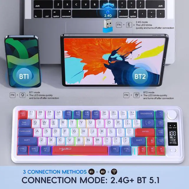 Alt view image 4 of 4 - Three-mode Bluetooth wireless film keyb oard with silent ABS cap, compact and colorful backlit for gaming, esports and office use