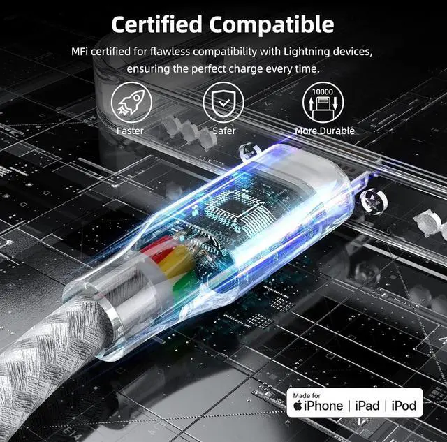 Alt view image 2 of 7 - iPhone Charger 3 Pack 10 ft Apple MFi Certified Lightning Nylon Braided Cable Fast Charging Cord Compatible with iPhone 13 12 11 Pro Max XR XS X 8 7 6 Plus SE iPad and More