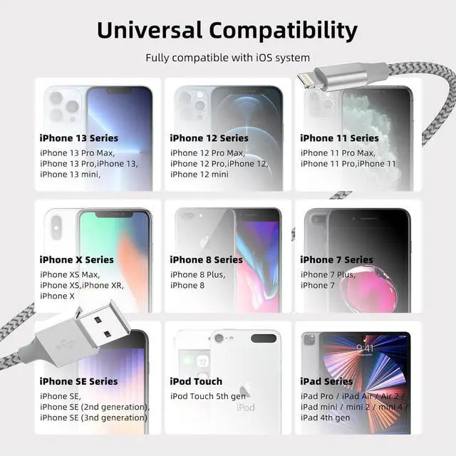 Alt view image 5 of 7 - iPhone Charger 3 Pack 10 ft Apple MFi Certified Lightning Nylon Braided Cable Fast Charging Cord Compatible with iPhone 13 12 11 Pro Max XR XS X 8 7 6 Plus SE iPad and More