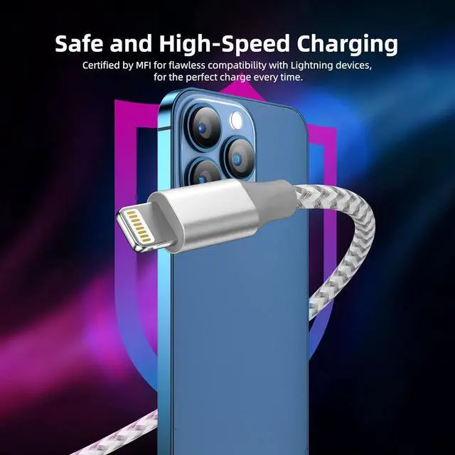 Alt view image 6 of 7 - iPhone Charger 3 Pack 10 ft Apple MFi Certified Lightning Nylon Braided Cable Fast Charging Cord Compatible with iPhone 13 12 11 Pro Max XR XS X 8 7 6 Plus SE iPad and More