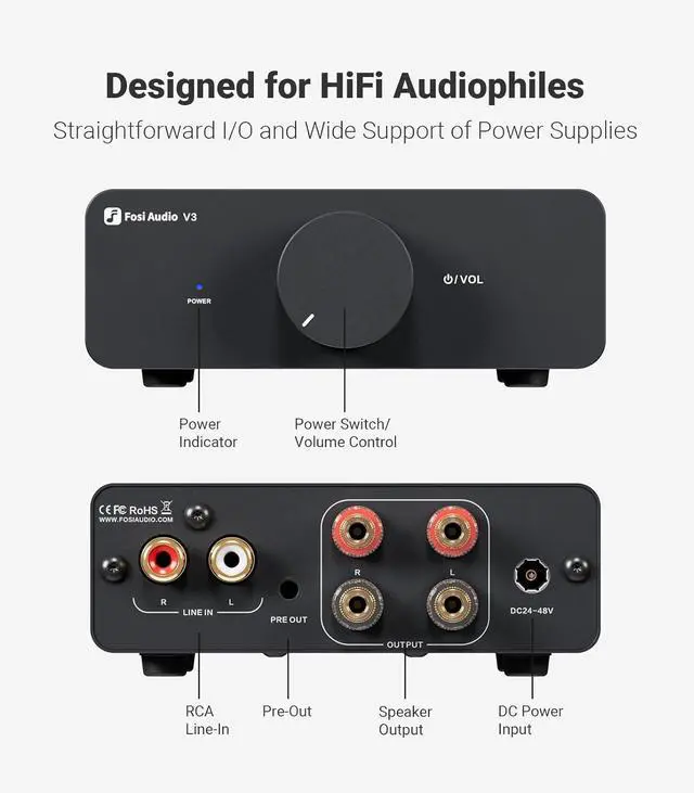Alt view image 2 of 7 - Fosi Audio V3 Stereo Amplifier Home Audio 300 Watts x2 Power TPA3255 Class D Mini Speaker Amp 2 Channel Audio Component for Passive Bookshelf Tower Speakers Desktop Home Theater with 48V Power Supply