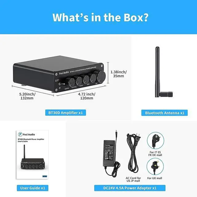 Alt view image 5 of 7 - Fosi Audio BT30D Bluetooth 5.0 Stereo Audio Receiver Amplifier 2.1 Channel Mini Hi-Fi Class D Integrated Amp 50 Watt x2+100 Watt for Home Outdoor Passive Speakers/Subwoofer Powered Subwoofer