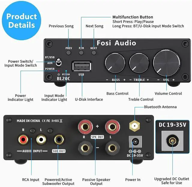 Alt view image 2 of 6 - Fosi Audio BL20C Bluetooth 5.0 Stereo Audio Receiver Amplifier 320 Watts 2.1 CH Mini Hi-Fi Class D TDA7498E Integrated Amp U-Disk Player for Home Passive Speakers Powered Subwoofer(with Power Supply)