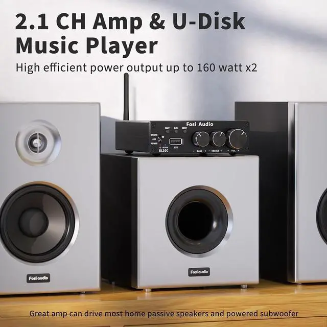 Alt view image 4 of 6 - Fosi Audio BL20C Bluetooth 5.0 Stereo Audio Receiver Amplifier 320 Watts 2.1 CH Mini Hi-Fi Class D TDA7498E Integrated Amp U-Disk Player for Home Passive Speakers Powered Subwoofer(with Power Supply)