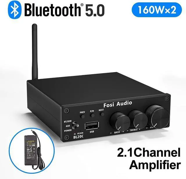 Alt view image 6 of 6 - Fosi Audio BL20C Bluetooth 5.0 Stereo Audio Receiver Amplifier 320 Watts 2.1 CH Mini Hi-Fi Class D TDA7498E Integrated Amp U-Disk Player for Home Passive Speakers Powered Subwoofer(with Power Supply)