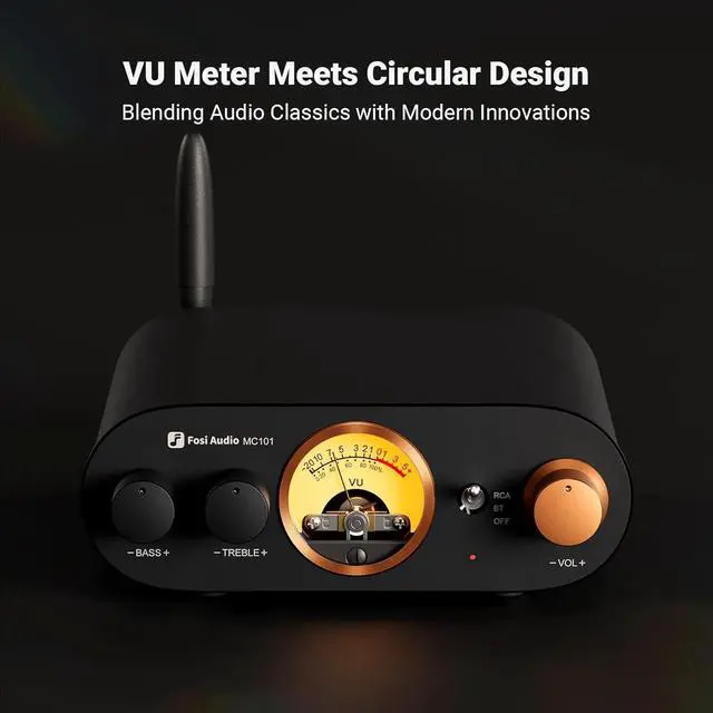 Alt view image 2 of 7 - Fosi Audio MC101 Bluetooth Stereo Amplifier Home Audio Component Mini Amp with VU Meter 2 Channel HiFi Receiver for Passive Speakers with Bass Treble Tone Control Vintage All Aluminum Alloy Build