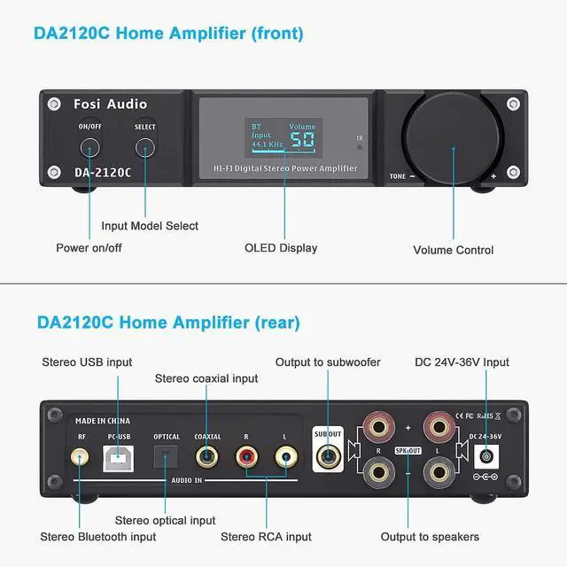 Alt view image 4 of 7 - Fosi Audio DA2120C 240W Bluetooth 5.0 Stereo Audio Hi-Fi DAC Amplifier Support aptX 24Bit-192kHz 2.1 Channel Integrated Class D Power Amp with RCA/PC-USB/Coaxial/Optical Input and Remote Control