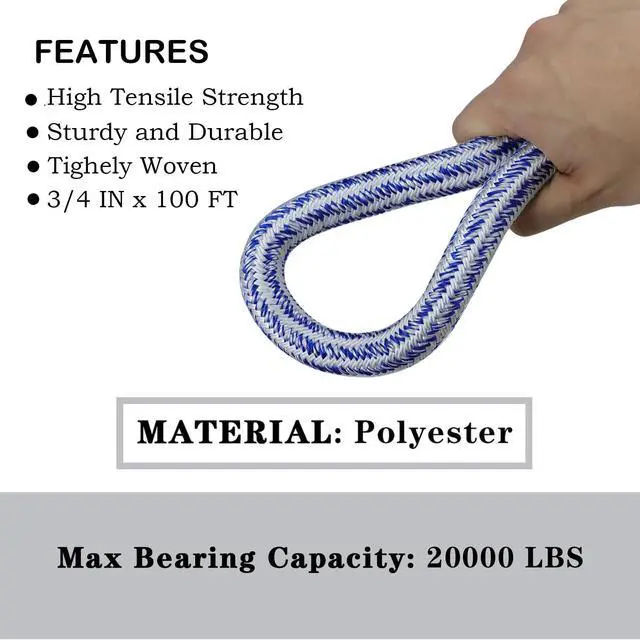 Alt view image 4 of 6 - findmall 3/4 Inch 100 Feet 24 Strands Braided Line Tree Felling Rope High Strength Polyester Pulling String for Swing Camping Bundling Blue White