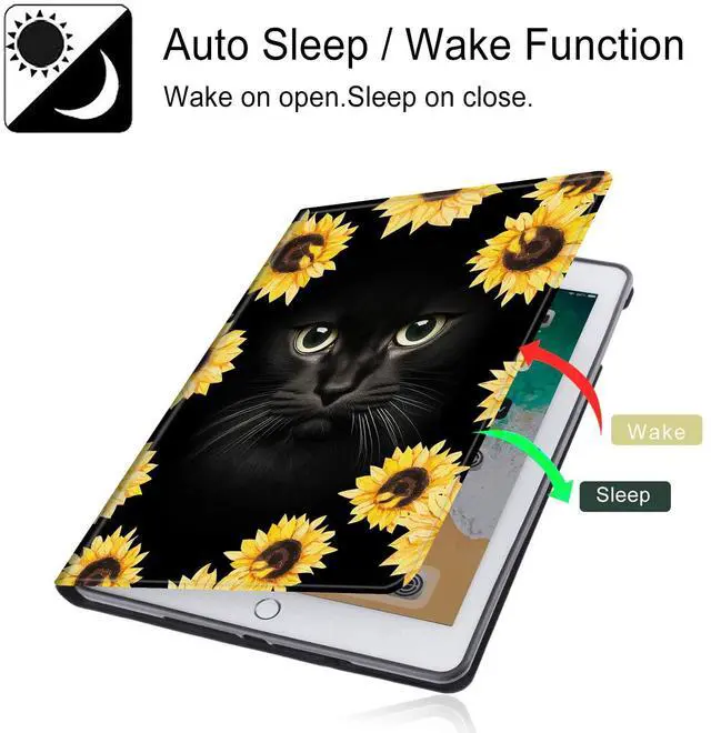 Alt view image 4 of 5 - Case for All-New Fire HD 10 Tablet (7th/9th Generation,2017/2019 Release),with Adjustable Stand & Auto Wake/Sleep Feature Smart Protect Cover for Fire HD 10.1 inch - Sunflower and Black Cat
