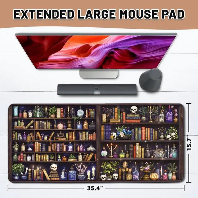 Alt view image 2 of 5 - Library Book Mouse Pad, Vintage Bookshelf Mouse Pad, Vintage Desk Pad, XXL Extended Bookshelf Desk Mat for Keyboard and Mouse 15.7"x 35.4"