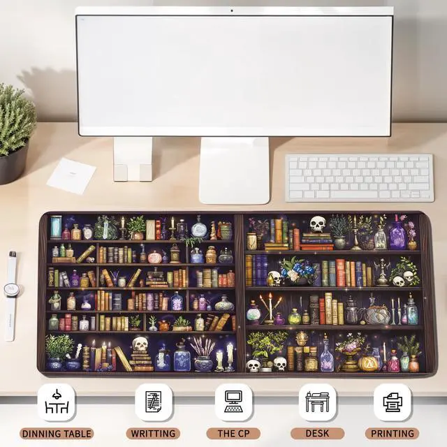 Alt view image 5 of 5 - Library Book Mouse Pad, Vintage Bookshelf Mouse Pad, Vintage Desk Pad, XXL Extended Bookshelf Desk Mat for Keyboard and Mouse 15.7"x 35.4"