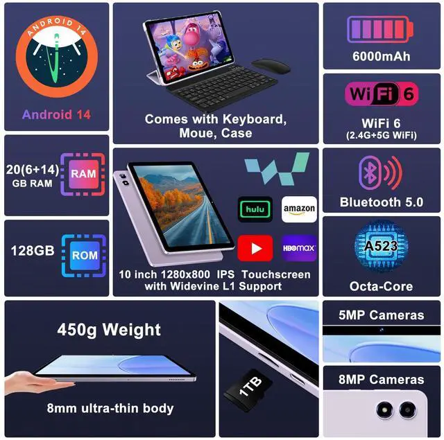 Alt view image 3 of 5 - 2025 Android 14 Tablet 20GB RAM 128GB ROM 1TB Expand, 10 Inch Octa-Core Tablets with 5G WiFi 6, 6000mAh Tablet with Keyboard, Mouse, 1280 x 800 HD IPS Display, Widevine L1, Split Screen -Purple