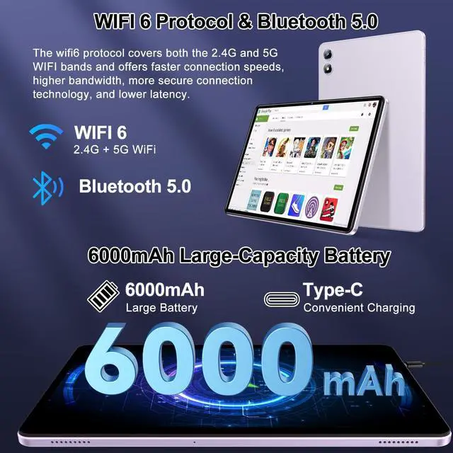 Alt view image 5 of 5 - 2025 Android 14 Tablet 20GB RAM 128GB ROM 1TB Expand, 10 Inch Octa-Core Tablets with 5G WiFi 6, 6000mAh Tablet with Keyboard, Mouse, 1280 x 800 HD IPS Display, Widevine L1, Split Screen -Purple