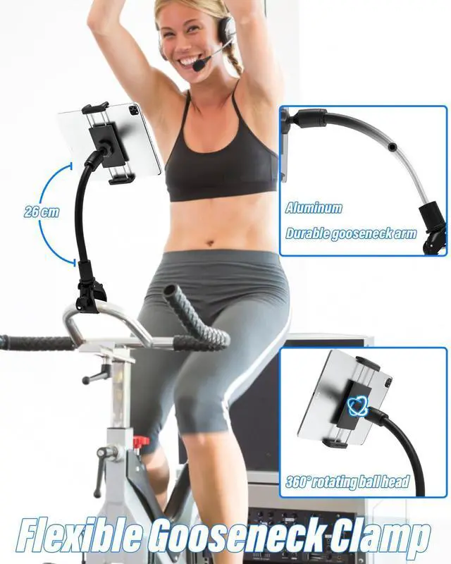 Alt view image 3 of 5 - Charchendo Gooseneck Treadmill Tablet Mount, Universal Adjustment Tablet Holder for Elliptical/Spin Bike/Exercise Bike/Indoor Cycle, Compatible with 4-13'' iPad Pro/Air/Mini, iPhones, Galaxy, E-Book