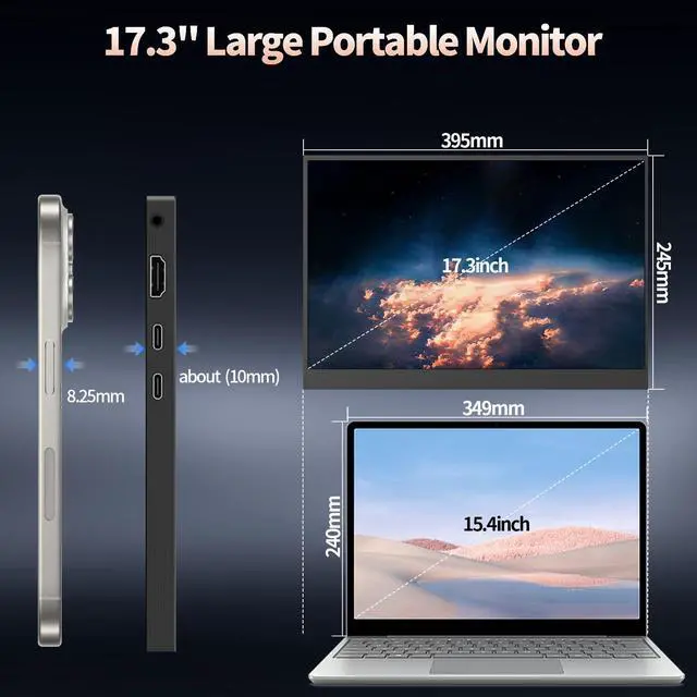 Alt view image 5 of 5 - StarXnDa 17.3''Portable Monitor 144hz, 2560 * 1440p IPS HDR Portable Computer Monitor 250cd/m² HDMI USB-C Port Speakers VESA Portable Gaming Monitor for Laptop PC Mac Switch PS5 Xbox