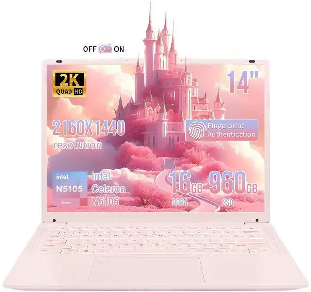 Main image of BINHENGLON 14.1 Inch Portable Laptop,Celeron N5105 Processor,16GB,(2160 x 1440) IPS,Fingerprint Unlock,Win 11,Backlit keyboard, Push-pull camera,Type-C,USB3.0*3,HDMI*1,WiFi /BT 5.0(Pink,16G+960GB SSD)