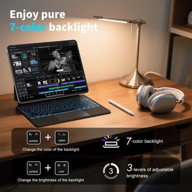 Alt view image 4 of 5 - Otuoor iPad Air 13 Inch Case Keyboard (M3 2025 / M2 2024) & iPad Pro 12.9 inch (6th,5th,4th,3rd Gen) Magic Keyboard with 7 Color Backlight, Multi-Touch Trackpad, Magnetic Stand,Auto Sleep/Wake (Black)