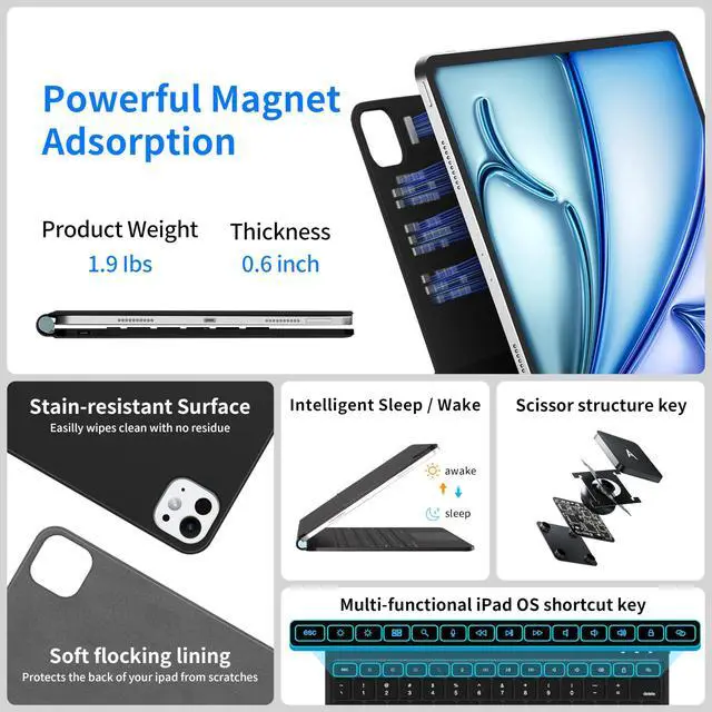 Alt view image 3 of 5 - Otuoor iPad Air 13 Inch Case Keyboard (M3 2025 / M2 2024) & iPad Pro 12.9 inch (6th,5th,4th,3rd Gen) Magic Keyboard with 7 Color Backlight, Multi-Touch Trackpad, Magnetic Stand,Auto Sleep/Wake (Black)