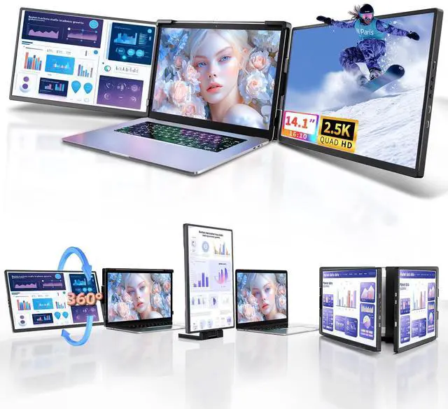 Main image of Pitycbo Laptop Screen Extender Monitor Portable - 2.5K Triple Laptop Screen Extender, Plug and Play Multiple Screens Extended Fits 13-17.3 Inch Laptops Compatible with, Windows, Chrome, Dex