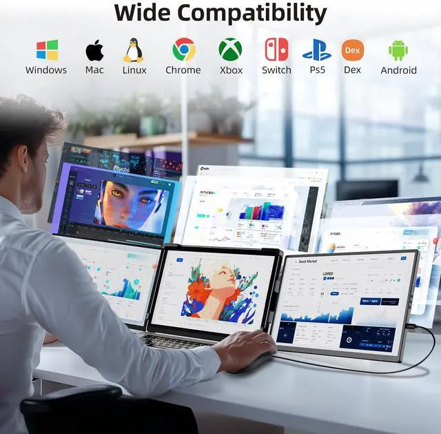 Alt view image 3 of 5 - Pitycbo Laptop Screen Extender Monitor Portable - 2.5K Triple Laptop Screen Extender, Plug and Play Multiple Screens Extended Fits 13-17.3 Inch Laptops Compatible with, Windows, Chrome, Dex