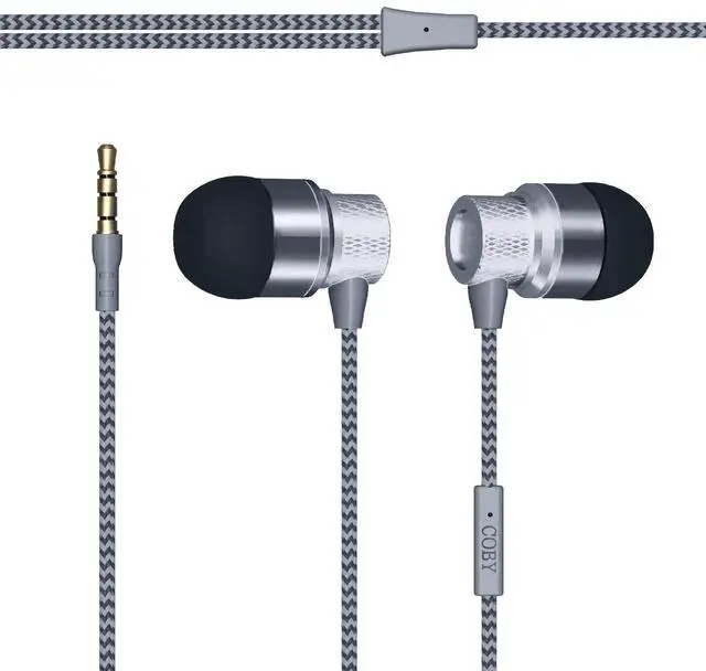 Main image of COBY Noise Isolating Metal Wired Earbuds | Wired Headphones w/ Built-In Microphone for Ear Buds | Noise Canceling Headphones S/M/L Ear Gels (Silver)