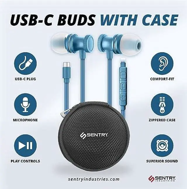 Alt view image 3 of 5 - SENTRY OSE450 Blue Headphones in-Ear Earbuds with Wired USB-C Connection, Inline Volume Controller & Microphone, Noise Isolation