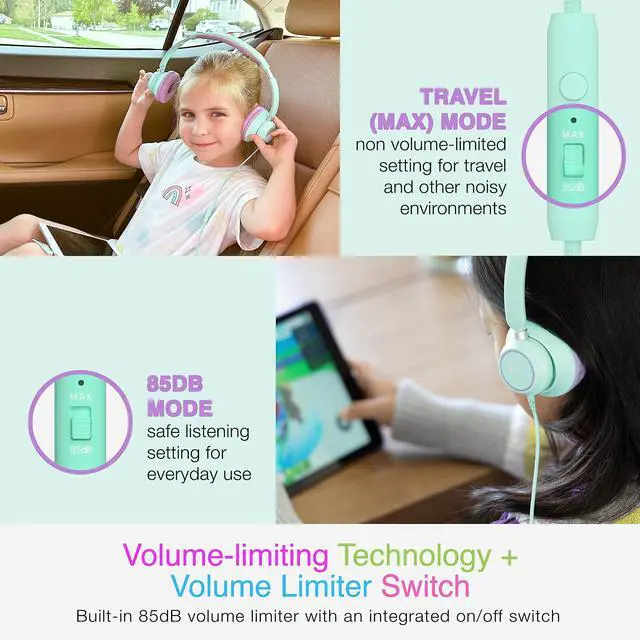 Alt view image 2 of 5 - MEE audio KidJamz KJ45 Childrens Safe Listening Headphones with Volume Limiter & Microphone, Adjustable On-Ear Kids Headset Wired w/3.5mm Jack for Online Learning/School/Travel/Tablet (Mint/Lavender)