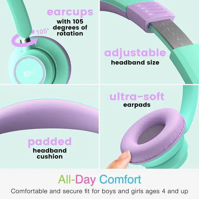 Alt view image 3 of 5 - MEE audio KidJamz KJ45 Childrens Safe Listening Headphones with Volume Limiter & Microphone, Adjustable On-Ear Kids Headset Wired w/3.5mm Jack for Online Learning/School/Travel/Tablet (Mint/Lavender)