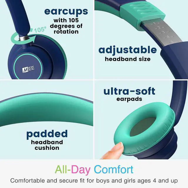 Alt view image 3 of 5 - MEE audio KidJamz KJ45 Childrens Safe Listening Headphones with Volume Limiter & Microphone, Adjustable On-Ear Kids Headset Wired with 3.5mm Jack for Online Learning/School/Travel/Tablet (Blue/Teal)