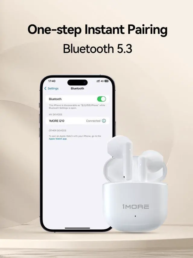Alt view image 4 of 5 - 1MORE Q10 Wireless Earbuds, Bluetooth 5.3 Half in-Ear Lightweight Ear Buds, Comfort Fit, Deep Bass Stereo Headphones with Dual Mics, 26H Playtime, one Step-Pairing, IPX4 Waterproof Earphones, White