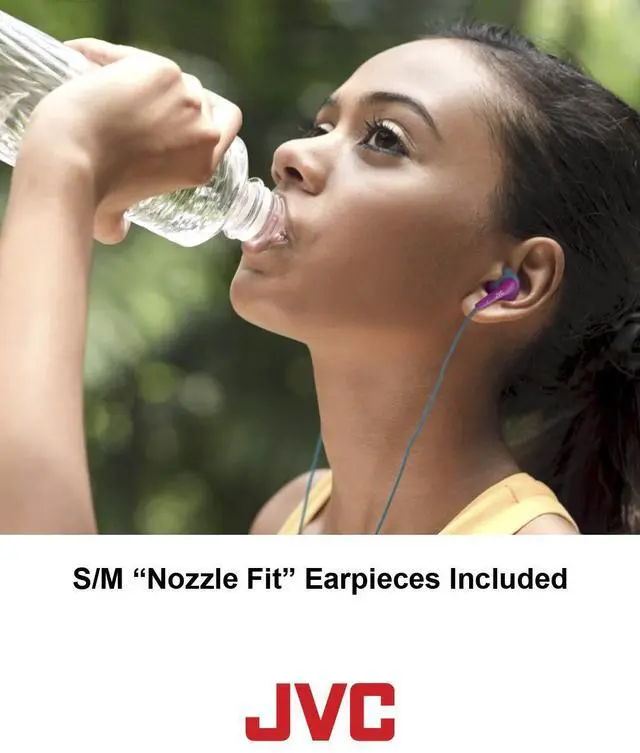 Alt view image 4 of 5 - JVC Black and Red Nozzel Secure Comfort Fit Sweat Proof Gumy Sport Earbuds with long colored cord HA-ENR15B