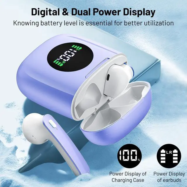 Alt view image 2 of 5 - Wireless Earbuds, Bluetooth Headphones Stereo Ear Buds with Noise Cancelling Mic, 50H Playback with LED Display Charging Case, IP7 Waterproof in-Ear Earphones for Phone Laptop Sports, Blue