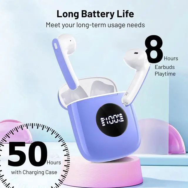 Alt view image 5 of 5 - Wireless Earbuds, Bluetooth Headphones Stereo Ear Buds with Noise Cancelling Mic, 50H Playback with LED Display Charging Case, IP7 Waterproof in-Ear Earphones for Phone Laptop Sports, Blue
