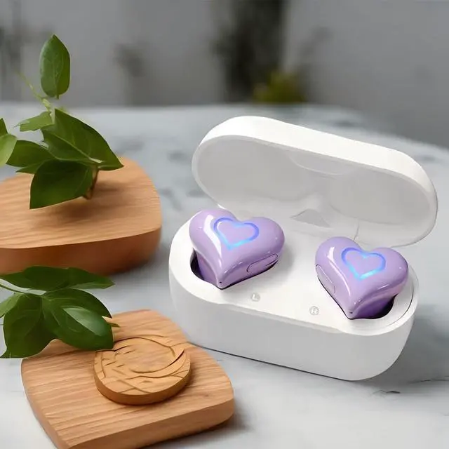 Alt view image 3 of 5 - Yunseity Heart Shaped Earbuds, Bluetooth 5.3 Noise Cancelling Earphones Built in Microphone, HiFi Stereo Sound Cute Girls Headphones with Charging Case, 8 Eartips for Small Ears (Violet)