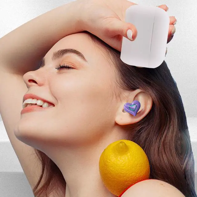Alt view image 4 of 5 - Yunseity Heart Shaped Earbuds, Bluetooth 5.3 Noise Cancelling Earphones Built in Microphone, HiFi Stereo Sound Cute Girls Headphones with Charging Case, 8 Eartips for Small Ears (Violet)