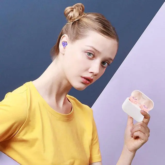 Alt view image 5 of 5 - Yunseity Heart Shaped Earbuds, Bluetooth 5.3 Noise Cancelling Earphones Built in Microphone, HiFi Stereo Sound Cute Girls Headphones with Charging Case, 8 Eartips for Small Ears (Violet)