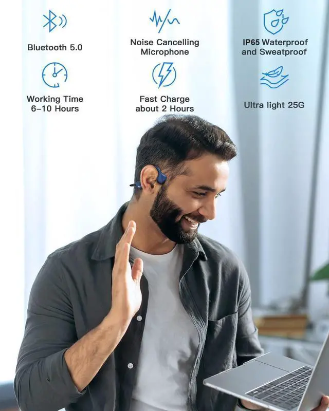Alt view image 2 of 5 - YouthWhisper Bluetooth Headphones Waterproof Bone Conduction Headset Open Ear Earphones Blue Headset with mic, Bluetooth Headset with mic