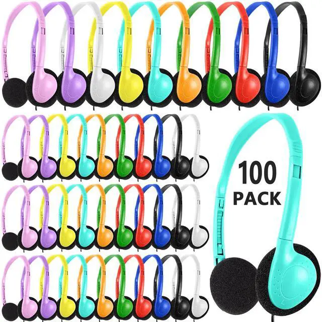 Main image of XOSDA Bulk Headphones 100 Packs Multi Color for School Classroom Kids, Wholesale Class Set Headphones for Students Children Teens and More (LS04,100 Mixed)