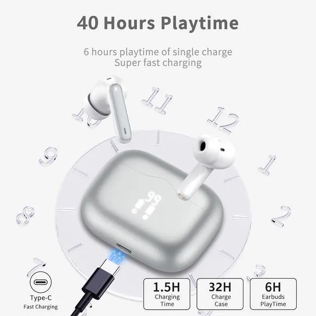 Alt view image 3 of 5 - Wireless Earbud, Bluetooth 5.3 Headphones Deep Bass with 4 HD Mics, Wireless Headphones in Ear 40H Playtime, Bluetooth Earphones with Light Weight, IP7 Waterproof Ear Buds for Android IOS, Silver