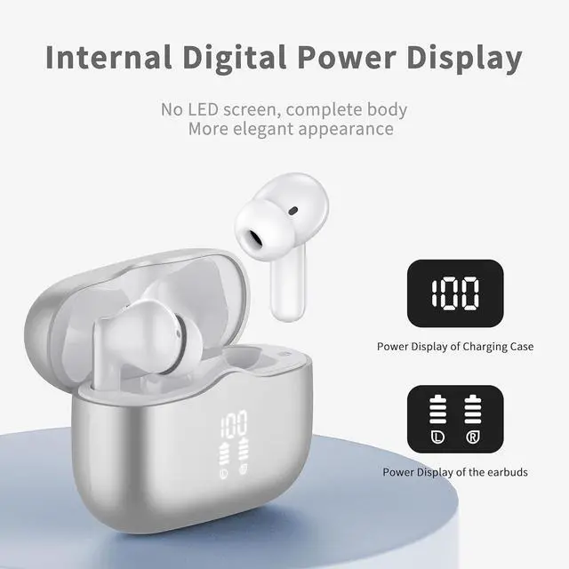Alt view image 5 of 5 - Wireless Earbud, Bluetooth 5.3 Headphones Deep Bass with 4 HD Mics, Wireless Headphones in Ear 40H Playtime, Bluetooth Earphones with Light Weight, IP7 Waterproof Ear Buds for Android IOS, Silver