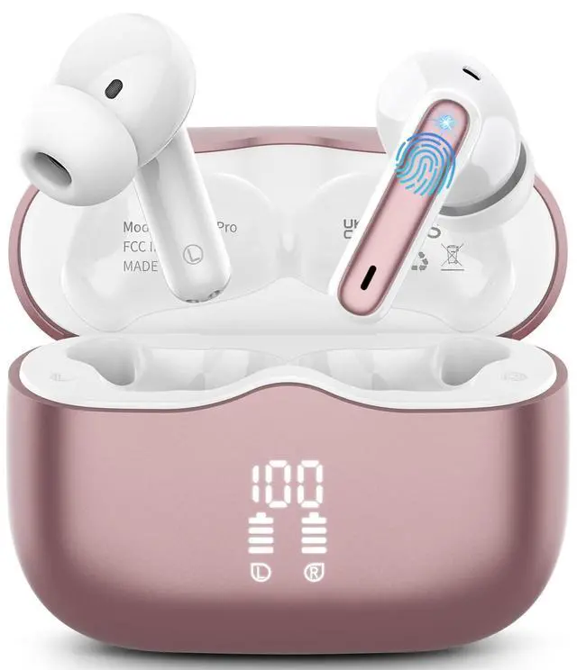 Main image of Wireless Earbuds, Bluetooth 5.4 Headphones in Ear with 4 ENC Noise Cancelling Mic, New Wireless Earphones HiFi Stereo Deep Bass 40H Playtime, In-Ear Bluetooth Earbuds LED Display IP7, USB-C, Rose Gold