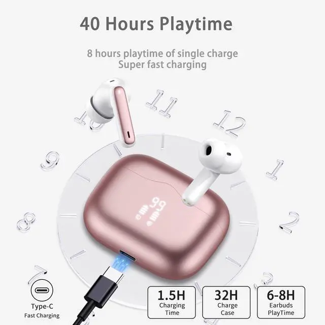 Alt view image 5 of 5 - Wireless Earbuds, Bluetooth 5.4 Headphones in Ear with 4 ENC Noise Cancelling Mic, New Wireless Earphones HiFi Stereo Deep Bass 40H Playtime, In-Ear Bluetooth Earbuds LED Display IP7, USB-C, Rose Gold