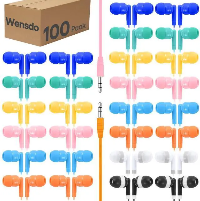 Main image of Wensdo 100 Packs Earbuds Bulk Classroom Headphones, Individually Bagged, Wholesale Students Wired Earphones with 3.5 mm Jack for Classroom School Library Museums and More (HY01,100 Mixed)