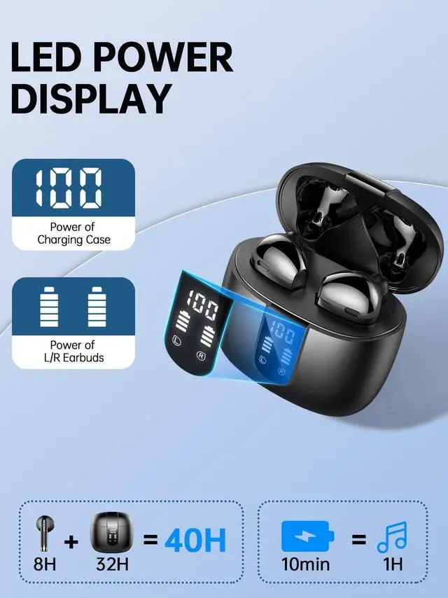 Alt view image 2 of 5 - Wireless Earbud Bluetooth 5.3 Headphones 40H Playtime Earphones with HD Dou-Mic, Sports Bluetooth Headphone with Digital LCD Display, IP7 Waterproof Headphones Noise Cancelling Earbud Touch Control
