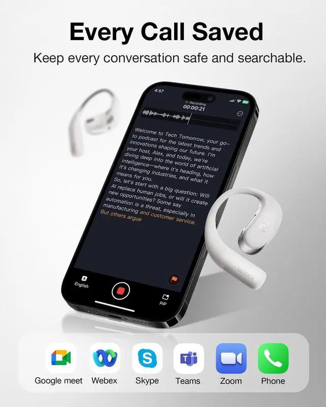 Alt view image 3 of 5 - VIAIM OpenNote AI Voice Recorder Open Ear Earbuds NoteKit Computer AI Meeting Assistant, AI Meeting Assistant with Transcription, 16 Languages, to-Do Lists & Summaries AI
