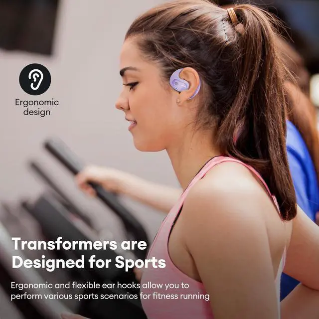 Alt view image 4 of 5 - Transformers Open Ear Earbuds with Ear Hooks,Open Ear Headphone True Wireless Earbuds Over Ear Headphones Bluetooth 5.4 60H Play,IPX5 Waterproof for Work Fitness Running Yoga Gym, Lilac-Nightbiro